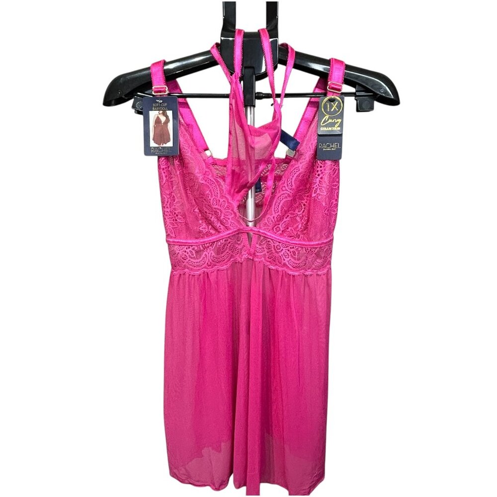 NWT Rachel Roy Pink Deep Plunge Babydoll Nightgown Nightie 2 Pc Set Sheer 1X